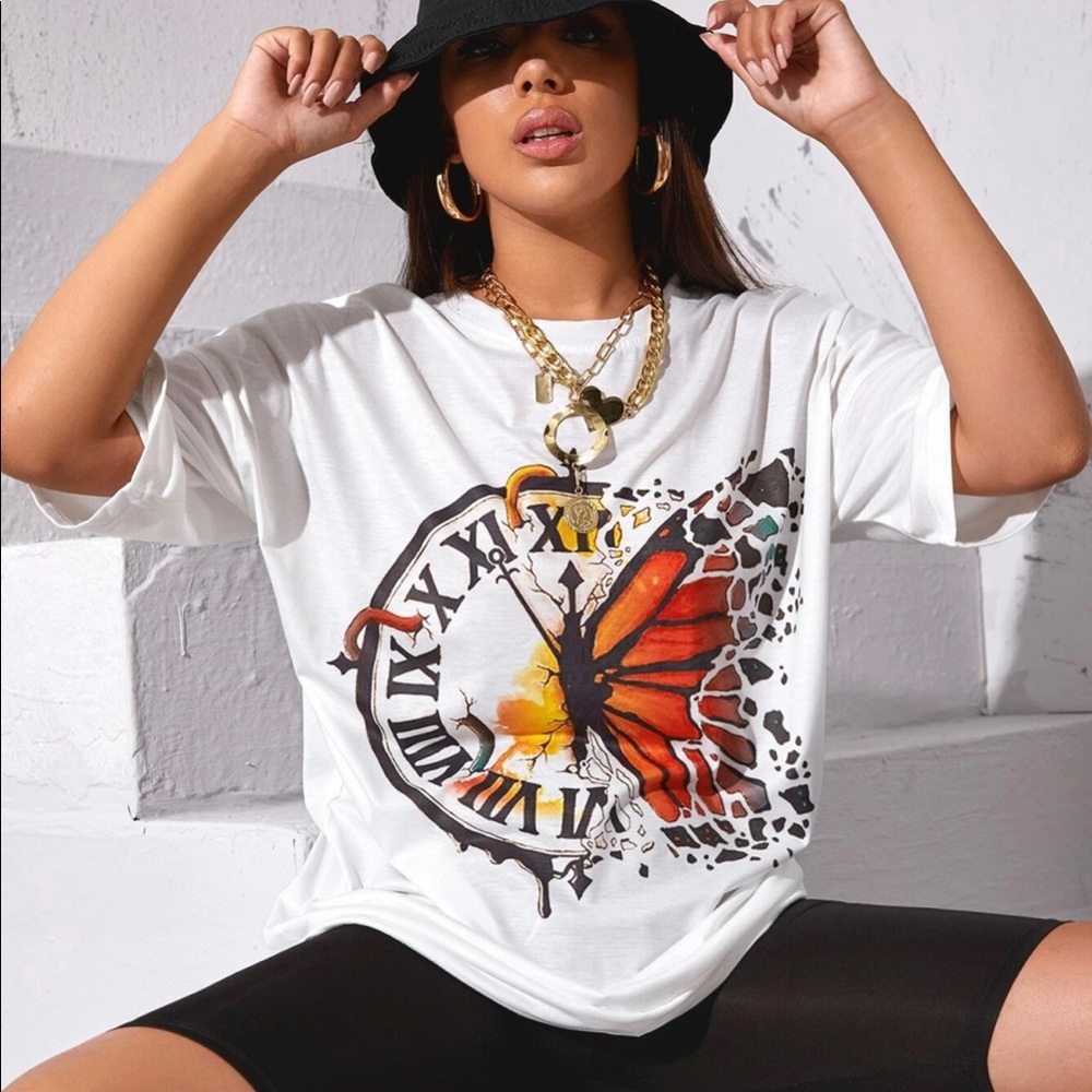 Shein Women’s New white Large Butterfly & clock oversized tee